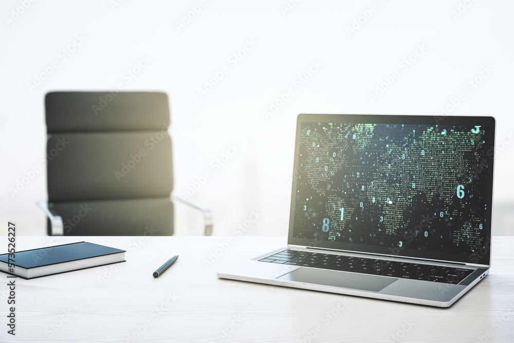 Poster modern computer screen with abstract creative coding sketch and world map, artificial intelligence a