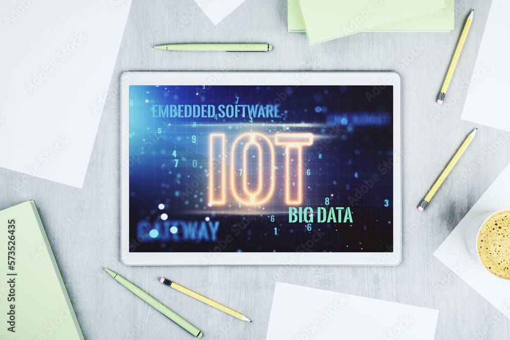 Aufkleber Creative IOT concept on modern digital tablet screen. Top view. 3D Rendering