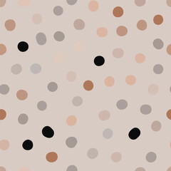 Seamless neutral polka dots pattern. Brown hand-drawn circles on beige background. Abstract points ornament. Vector boho dotted illustration for wallpaper, fabric, print, wrapping paper, textile