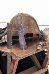 Medieval festival show, historical performance. Weapons, armor, utensils and objects of medieval...
