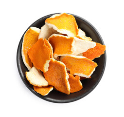 Dry orange peels in bowl isolated on white, top view