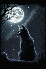 illustration,high quality moonlight cat,generative ai