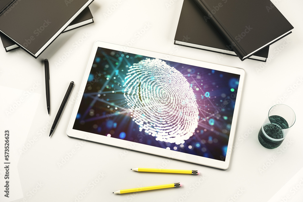 Poster Modern digital tablet screen with abstract graphic fingerprint sketch, fingerprint scan data concept. Top view. 3D Rendering