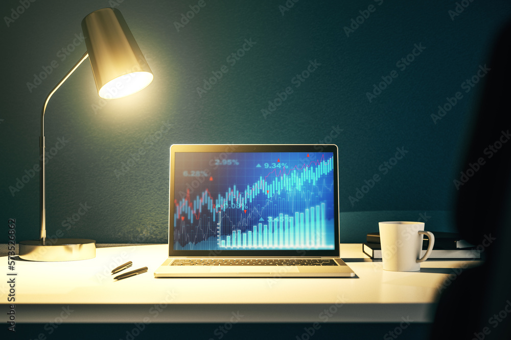 Poster modern computer monitor with abstract creative financial chart, research and strategy concept. 3d re