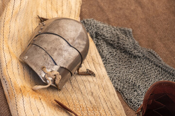 Medieval festival show, historical performance. Weapons, armor, utensils and objects of medieval...