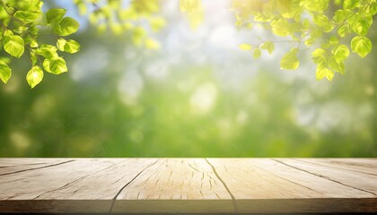 Spring Blossom Background. Nature Scene with Sun Flare. Green Leaves, Wooden Table. AI-Generated, Digital Illustration. - obrazy, fototapety, plakaty