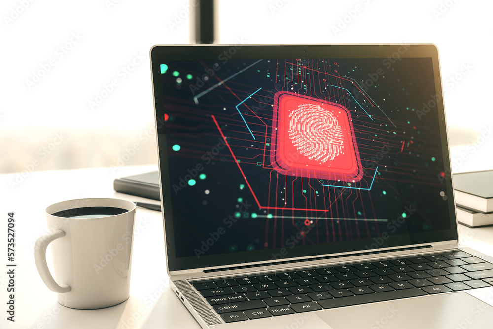 Aufkleber Modern computer screen with creative fingerprint hologram, personal biometric data concept. 3D Rendering