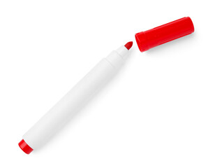 Bright red marker isolated on white, top view. School stationery