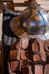 Medieval festival show, historical performance. Weapons, armor, utensils and objects of medieval life.