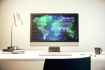 Fototapeta premium Abstract digital world map on modern computer monitor, big data and blockchain concept. 3D Rendering