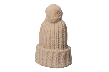 Beige beanie hat with pom pom isolated on a white background.