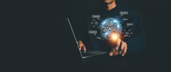 Chatbot chat AI concept, artificial intelligence Businessman using AI smart robot technology inputting commands to analyze data and build something. future technology changes.