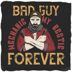 A biker mechanic with a wrench with a cap on his head