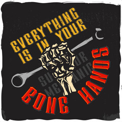 A skeleton's hand with a wrench in it