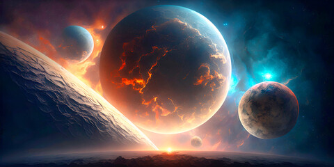 Space scenery bright colorful nebula. Many planets night space scape astronomy sci-fi glowing fantasy 3D render illustration
