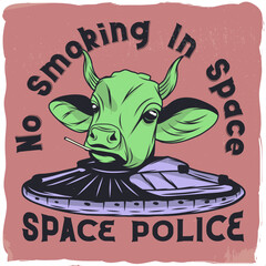 A space cow with a cigarette in its mouth and a UFO
