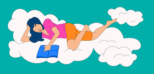 Girl with wavy hair lying down reading on a cloud