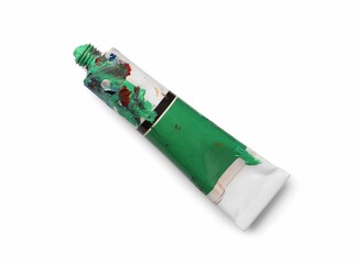 Tube with oil paint on white background, top view
