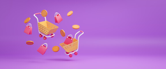 Shopping cart with shoppingbag and coin for online shopping and digital marketing ideas. Sale, discount, promotional, shopaholism concept. Consumer society trend. 3d rendering illustration