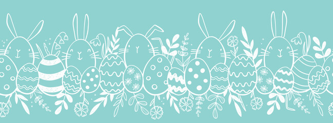 Fototapeta premium Cute hand drawn Easter horizontal seamless pattern with bunnies, flowers, easter eggs, beautiful background, great for Easter Cards, banner, textiles, wallpapers - vector design