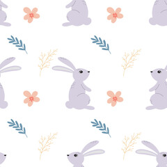 Hares in flowers and herbs cute seamless pattern. Baby background with rabbits. Bunnies in meadow Print for textiles, wallpaper, paper and packaging. Child digital paper, vector illustration