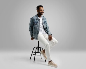 Handsome young african american guy sitting on stool, posing in studio - isolated