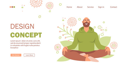 Landing page for a site about sports, yoga, a healthy and active lifestyle. Bearded man sits in the lotus position and meditates. Scene of meditation, relaxation, yoga. Flat style. Vector illustration