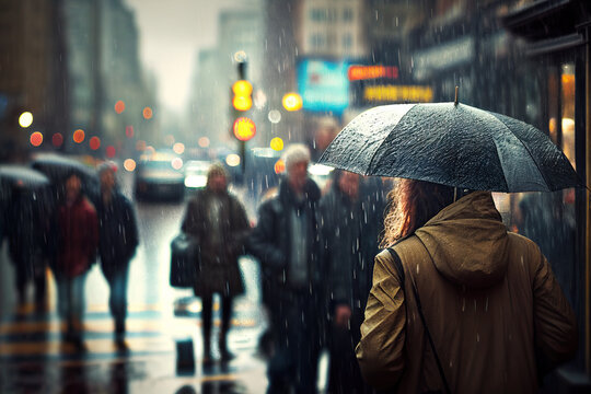 Cold and rainy weather in New York - people hide under umbrellas, AI generative moody picture