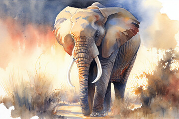 Fototapeta na wymiar African male elephant watercolor style painting created with generative AI