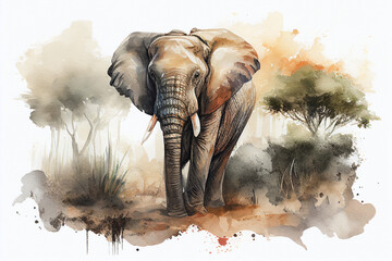 Fototapeta na wymiar African male elephant watercolor style painting created with generative AI