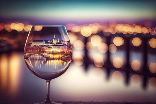 Glass of wine or champagne with blurred bokeh of a Seine river in Paris background AI generative