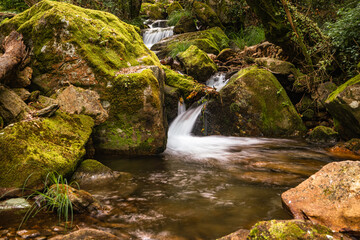 Beautiful water stream in Gresso river Portugal. Long exposure smooth effect. Sever do Vouga, Aveiro, Portugal