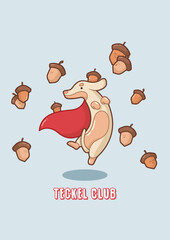 "A cute Teckel dressed like a superhero with his acorn friends" Vector illustration, nice design for logo, patch, stickers, icon, illustration for note book, agenda, children's 