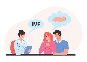 Young infertile couple having a doctor consultation. In vitro fertilization, human reproduction and family planning concept. Female and male reproductive health.