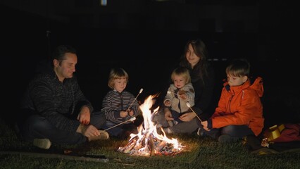 Fototapeta na wymiar family with marshmallows at campfire, sweet, happy night