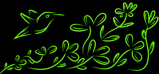 Floral spring pattern design with a flying bird on black background