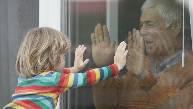 Old Man Indoor  Play With Child Outdoor, Touch Hand Through Window, Waving Hands