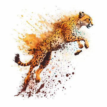 Oil Painting Splatter Jumping Cheetah Illustration