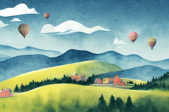 Hand drawn landscape, hills, trail, lonely house, mountains, lake and ship, clouds and ballon, cars. Watercolor illustration. Children's horizontal poster. Horizontal border. Seamless. Generative AI