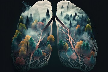 the lungs inside the forest are burning with fire and smoke, Generative AI