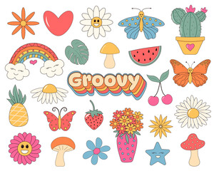 Groovy retro hippie 70s sticker set. Funny stickers or badges in trendy psychedelic cartoon style. Daisy flowers, mushrooms, rainbow, butterflies, heart and other hippie icons.