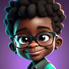 Cartoon Close up Portrait of Smiling Black Serene Boy with Glasses on a Colored Background. Illustration Avatar for ui ux. - Post-processed Generative AI