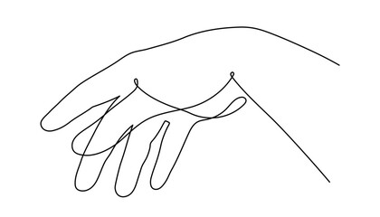 Hand one-line art, hand drawn continuous contour. Palm with fingers gesturing, drawing single line style, minimalist design. Editable stroke. Isolated. Vector illustration