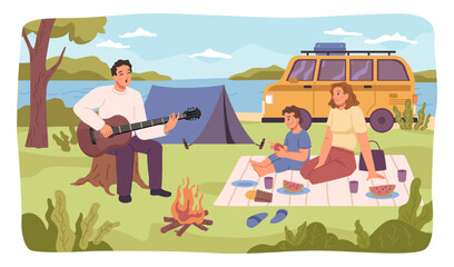 Family car trip to lake, picnic and rest on nature. Mom and kid sitting on blanket, father singing and playing guitar. Summer vacation and camping. Vector in flat style