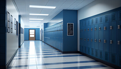 Blue lockers cabinets furniture in a locker room at school or university for student.