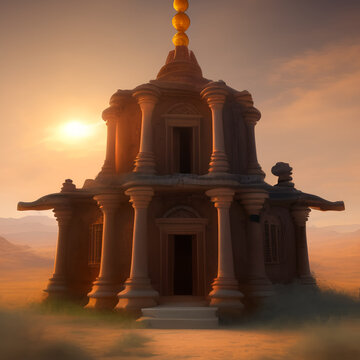 Abandoned temple in the desert with sun coming in, Generative AI. High quality illustration