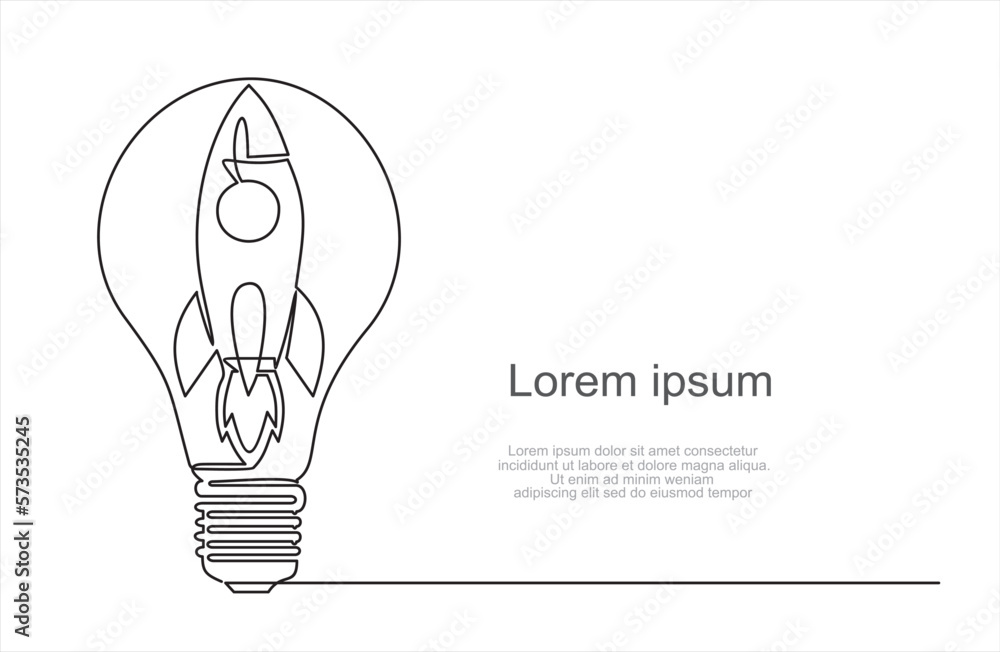 Poster continuous one single line drawing of rocket launching to space with light bulb, launching a creativ