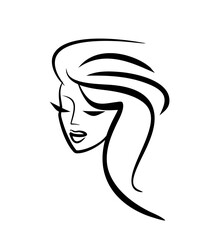 Beauty salon logo. Face girl icon. Barber woman haircut emblem. Beautiful long fluffy hair.