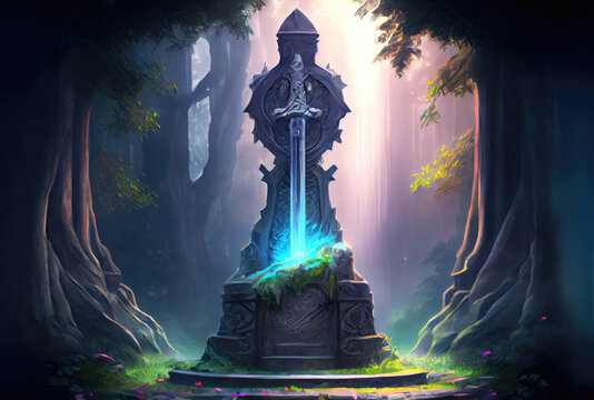 Sword in the stone pedestal. Fantasy and items concept. Generative AI
