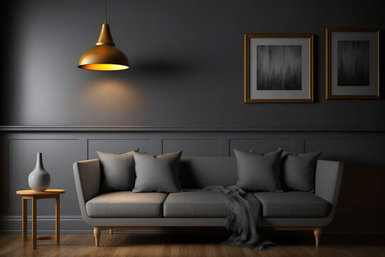 Minimal concept. interior of living grey fabric sofa, wooden table, ceiling lamp and frame on wooden floor and black wall